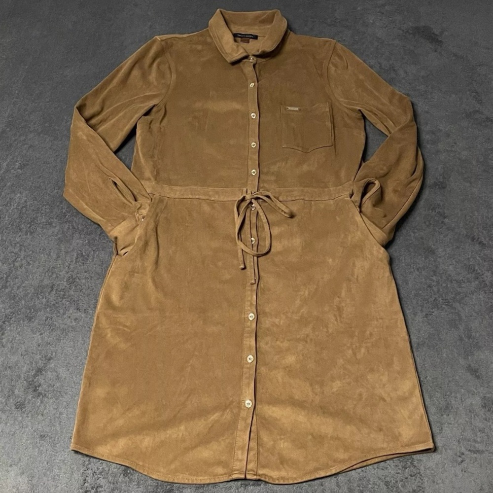 Tommy Hilfiger Shirt Dress Womens 8 Brown Faux Suede Button Front Roll Tab